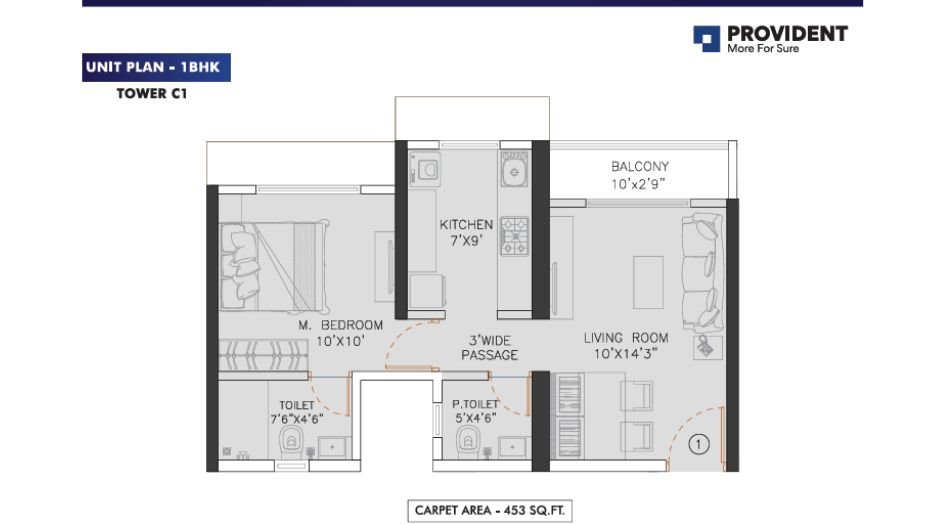 Puravankara-Provident-palm-Vista-Floor-Plan-1BHK-453 Sqft